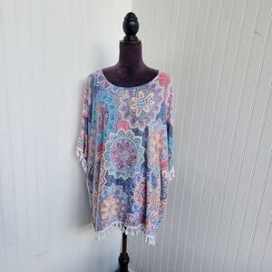 ELSIE & ZOEY Women’s Resort Cruise Pink Blue Tassel One Size Pullover Cover-up